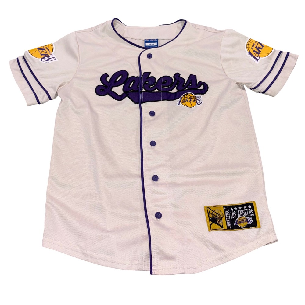 NBA Mesh Button Down Baseball Jersey Kids 14-16 Ultra Game Los Angeles Lakers